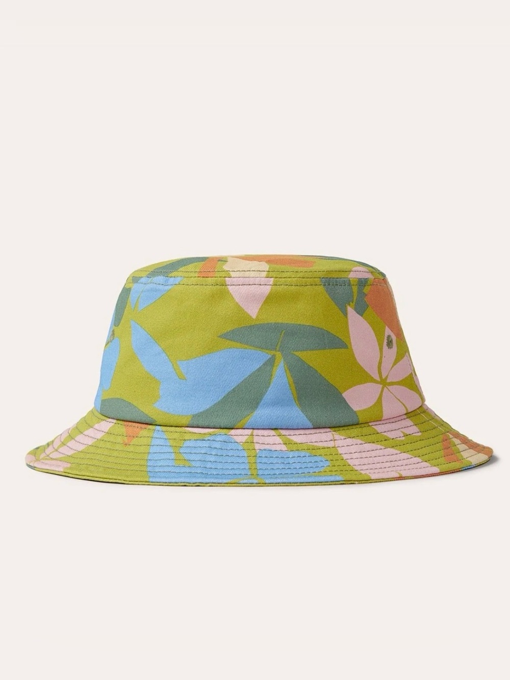 NWT Vitamin A Olive Green Tropical Bucket Hat with Blue & Pink Leaf Print